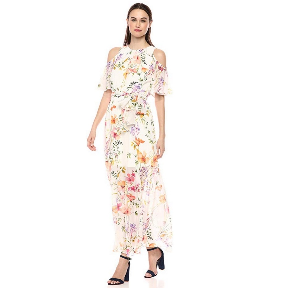 CALVIN KLEIN Cold Shoulder Maxi Floral Dress 10
